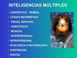 INTELIGENCIAS MÚLTIPLES LINGÜÍSTICO - VERBAL LÓGICO MATEMÁTICA VISUAL ESPACIAL CINESTÉSICA MUSICAL INTERPERSONAL INTRAPERSONAL ECOLÓGICA O NATURALISTA EXISTENCIAL DIGITAL 