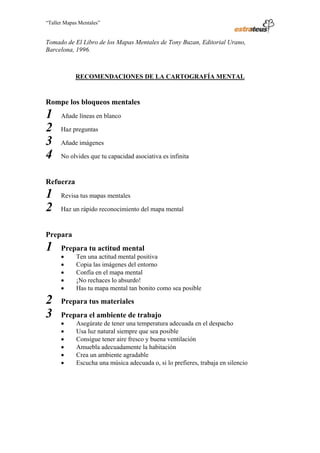 “Taller Mapas Mentales”


                   Tomado de El Libro de los Mapas Mentales de Tony Buzan, Editorial Urano,
                   Barcelona, 1996.



                                      RECOMENDACIONES DE LA CARTOGRAFÍA MENTAL


                   Rompe los bloqueos mentales
                   1         Añade líneas en blanco

                   2         Haz preguntas

                   3         Añade imágenes

                   4         No olvides que tu capacidad asociativa es infinita



                   Refuerza
                   1         Revisa tus mapas mentales

                   2         Haz un rápido reconocimiento del mapa mental


                   Prepara
                   1         Prepara tu actitud mental
                             •        Ten una actitud mental positiva
                             •        Copia las imágenes del entorno
                             •        Confía en el mapa mental
                             •        ¡No rechaces lo absurdo!
                             •        Has tu mapa mental tan bonito como sea posible

                   2         Prepara tus materiales
                   3         Prepara el ambiente de trabajo
                             •        Asegúrate de tener una temperatura adecuada en el despacho
                             •        Usa luz natural siempre que sea posible
                             •        Consigue tener aire fresco y buena ventilación
                             •        Amuebla adecuadamente la habitación
                             •        Crea un ambiente agradable
                             •        Escucha una música adecuada o, si lo prefieres, trabaja en silencio




────────────────────────────────────
ESTRATEUS CONSULTORES S.A.C.
Carlos Arrieta Nº 106, Barranco, Lima 04 – Perú, Telf.: (511) 247-2488
 
