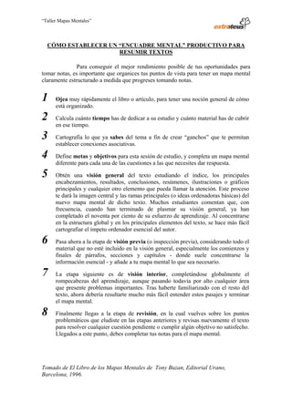 “Taller Mapas Mentales”




                       CÓMO ESTABLECER UN “ENCUADRE MENTAL” PRODUCTIVO PARA
                                          RESUMIR TEXTOS

                                  Para conseguir el mejor rendimiento posible de tus oportunidades para
                   tomar notas, es importante que organices tus puntos de vista para tener un mapa mental
                   claramente estructurado a medida que progreses tomando notas.


                   1         Ojea muy rápidamente el libro o artículo, para tener una noción general de cómo
                             está organizado.

                   2         Calcula cuánto tiempo has de dedicar a su estudio y cuánto material has de cubrir
                             en ese tiempo.

                   3         Cartografía lo que ya sabes del tema a fin de crear “ganchos” que te permitan
                             establecer conexiones asociativas.

                   4         Define metas y objetivos para esta sesión de estudio, y completa un mapa mental
                             diferente para cada una de las cuestiones a las que necesites dar respuesta.

                   5         Obtén una visión general del texto estudiando el índice, los principales
                             encabezamientos, resultados, conclusiones, resúmenes, ilustraciones o gráficos
                             principales y cualquier otro elemento que pueda llamar la atención. Este proceso
                             te dará la imagen central y las ramas principales (o ideas ordenadoras básicas) del
                             nuevo mapa mental de dicho texto. Muchos estudiantes comentan que, con
                             frecuencia, cuando han terminado de plasmar su visión general, ya han
                             completado el noventa por ciento de su esfuerzo de aprendizaje. Al concentrarse
                             en la estructura global y en los principales elementos del texto, se hace más fácil
                             cartografiar el ímpetu ordenador esencial del autor.

                   6         Pasa ahora a la etapa de visión previa (o inspección previa), considerando todo el
                             material que no esté incluido en la visión general, especialmente los comienzos y
                             finales de párrafos, secciones y capítulos - donde suele concentrarse la
                             información esencial - y añade a tu mapa mental lo que sea necesario.

                   7         La etapa siguiente es de visión interior, completándose globalmente el
                             rompecabezas del aprendizaje, aunque pasando todavía por alto cualquier área
                             que presente problemas importantes. Tras haberte familiarizado con el resto del
                             texto, ahora debería resultarte mucho más fácil entender estos pasajes y terminar
                             el mapa mental.

                   8         Finalmente llegas a la etapa de revisión, en la cual vuelves sobre los puntos
                             problemáticos que eludiste en las etapas anteriores y revisas nuevamente el texto
                             para resolver cualquier cuestión pendiente o cumplir algún objetivo no satisfecho.
                             Llegados a este punto, debes completar tus notas para el mapa mental.




                   Tomado de El Libro de los Mapas Mentales de Tony Buzan, Editorial Urano,
                   Barcelona, 1996.
────────────────────────────────────
ESTRATEUS CONSULTORES S.A.C.
Carlos Arrieta Nº 106, Barranco, Lima 04 – Perú, Telf.: (511) 247-2488
 