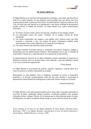 “Taller Mapas Mentales”


                                                                         EL MAPA MENTAL


                   El Mapa Mental es la expresión del pensamiento irradiante y, por tanto, una función na
                   tural de la mente humana. Es una poderosa técnica gráfica que nos ofrece una llave
                   maestra para acceder al potencial del cerebro. Se puede aplicar a todos los aspectos de la
                   vida, de modo que una mejoría en el aprendizaje y una mayor claridad de pensamiento
                   puedan reforzar el trabajo del hombre. El mapa mental tiene cuatro características
                   esenciales:

                   a) El asunto, el tema a tratar, motivo de atención, cristaliza en una imagen central.
                   b) Los principales temas del asunto “irradian” de la imagen central de forma
                      ramificada.
                   c) Las ramas comprenden una imagen o una palabra clave impresa sobre una línea
                      asociada o conectada a otra. Los puntos de menor importancia también están
                      representados como ramas adheridas a las ramas de nivel superior.
                   d) Las ramas forman una estructura nodal conectada.

                   Los mapas mentales se pueden mejorar y enriquecer con colores, imágenes, códigos y
                   dimensiones que les añadan interés, belleza e individualidad, con lo que se fomenta la
                   creatividad, la memoria y, específicamente la evocación de la información.

                   El almacenamiento eficiente de los datos multiplica nuestra capacidad. Es igual que la
                   diferencia existente entre un almacén bien o mal ordenado, o que una biblioteca cuente
                   o no con un sistema de organización.
                                                                                  (Tony Buzan).

                   Un Mapa Mental es una manera de generar, registrar, organizar y asociar ideas tal y
                   como las procesa el cerebro, plasmadas en un papel.

                   Básicamente se usan palabras clave e imágenes, poniendo en acción el hemisferio
                   izquierdo y el derecho respectivamente, para dar una gran libertad y creatividad al
                   pensamiento, desarrollando las inteligencias y ahorrando mucho tiempo en el estudio.

                                                                                          (Jazmín Sambrano)



                   El Mapa Mental es una representación gráfica de un tema, idea o concepto, plasmado en
                   una hoja de papel, empleando dibujos sencillos; escribiendo palabras clave propias,
                   utilizando colores, códigos, flechas, de tal manera que la idea principal quede al centro
                   del diagrama y las ideas secundarias fluyan desde el centro como las ramas de un árbol.




                   Notas tomadas de El libro de los Mapas Mentales de Tony Buzan, Editorial Urano,
                   Barcelona, 1996 y Los Mapas Mentales, Agenda para el éxito, de Jazmín Sambrano y
                   Alicia Steiner, Alfadil Ediciones, Caracas, 1999.



────────────────────────────────────
ESTRATEUS CONSULTORES S.A.C.
Carlos Arrieta Nº 106, Barranco, Lima 04 – Perú, Telf.: (511) 247-2488
 