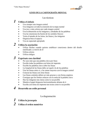 “Taller Mapas Mentales”


                                                    LEYES DE LA CARTOGRAFÍA MENTAL

                                                                           Las técnicas
                   1         Utiliza el énfasis
                             •        Usa siempre una imagen central
                             •        Usa imágenes en toda la extensión de tu mapa mental
                             •        Usa tres o más colores por cada imagen central
                             •        Usa la dimensión en las imágenes y alrededor de las palabras
                             •        Usa las sinestesias (la fusión de los sentidos físicos)
                             •        Varía el tamaño de las letras, las líneas y las imágenes
                             •        Organiza bien el espacio
                             •        Usa un espaciado apropiado

                   2         Utiliza la asociación
                             •        Utiliza flechas cuando quieras establecer conexiones dentro del diseño
                                      ramificado y a través de él
                             •        Utiliza colores
                             •        Utiliza códigos

                   3         Exprésate con claridad
                             •        No uses más que una palabra clave por línea
                             •        Escribe todas las palabras con letras de imprenta
                             •        Escribe las palabras clave sobre las líneas
                             •        La longitud de las líneas debe ser igual a la de las palabras
                             •        Une las líneas entre sí, y las ramas mayores con la imagen central
                             •        Conecta las líneas con otras líneas
                             •        Las líneas centrales deben ser más gruesas y con forma orgánica
                             •        Consigue que los límites enlacen con la rama de la palabra clave
                             •        Haz las imágenes tan claras como te sea posible
                             •        Mantén el papel dispuesto horizontalmente delante de ti
                             •        Escribe con letras de imprenta tan rectas como te sea posible

                   4         Desarrolla un estilo personal


                                                                         La diagramación
                   1         Utiliza la jerarquía
                   2         Utiliza el orden numérico




────────────────────────────────────
ESTRATEUS CONSULTORES S.A.C.
Carlos Arrieta Nº 106, Barranco, Lima 04 – Perú, Telf.: (511) 247-2488
 