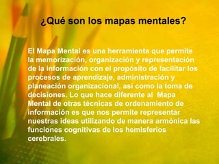¿Qué son los mapas mentales?


El Mapa Mental es una herramienta que permite
la memorización, organización y representación
de la información con el propósito de facilitar los
procesos de aprendizaje, administración y
planeación organizacional, así como la toma de
decisiones. Lo que hace diferente al Mapa
Mental de otras técnicas de ordenamiento de
información es que nos permite representar
nuestras ideas utilizando de manera armónica las
funciones cognitivas de los hemisferios
cerebrales.
 