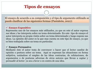 Tipos de ensayos
El ensayo de acuerdo a su composición y el tipo de argumento utilizado se
puede clasificar de las siguientes formas (Pantaleón, 2021):
 Ensayo Expositivo
Representa uno de los ensayos más utilizados, ya que en este el autor expresa
sus ideas y las interpreta sobre un tema determinado. En este tipo de ensayo el
autor interpreta su propia visión sobre un tema determinado y luego expone sus
ideas. La opinión del autor es la que mas cuenta en este tipo de ensayo, ya que
es bien trabajada sobre un tema en particular.
 Ensayo Persuasivo
Mediante éste el autor trata de convencer o hacer que el lector cambie de
opinión o postura sobre un tema. Aquí se expresan las situaciones en forma
subjetiva, notándose el empleo de las ideas contrarias, de refutaciones, de
argumentos o de posturas adversas de otros autores que llevan a captar y
persuadir al lector ya sea a favor o en contra de una idea.
 
