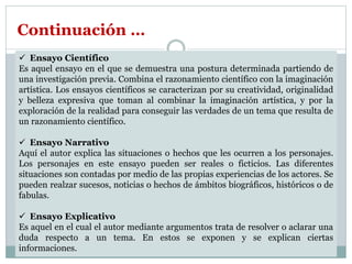  Ensayo Científico
Es aquel ensayo en el que se demuestra una postura determinada partiendo de
una investigación previa. Combina el razonamiento científico con la imaginación
artística. Los ensayos científicos se caracterizan por su creatividad, originalidad
y belleza expresiva que toman al combinar la imaginación artística, y por la
exploración de la realidad para conseguir las verdades de un tema que resulta de
un razonamiento científico.
 Ensayo Narrativo
Aquí el autor explica las situaciones o hechos que les ocurren a los personajes.
Los personajes en este ensayo pueden ser reales o ficticios. Las diferentes
situaciones son contadas por medio de las propias experiencias de los actores. Se
pueden realzar sucesos, noticias o hechos de ámbitos biográficos, históricos o de
fabulas.
 Ensayo Explicativo
Es aquel en el cual el autor mediante argumentos trata de resolver o aclarar una
duda respecto a un tema. En estos se exponen y se explican ciertas
informaciones.
Continuación …
 