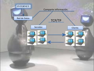 INTERNET.
Comparte información.
Red de Datos
TCP/TP
Servidor.
Cliente.