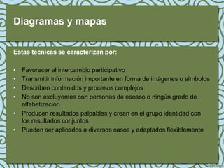 Diagramas y mapas

Estas técnicas se caracterizan por:

• Favorecer el intercambio participativo
• Transmitir información importante en forma de imágenes o símbolos
• Describen contenidos y procesos complejos
• No son excluyentes con personas de escaso o ningún grado de
  alfabetización
• Producen resultados palpables y crean en el grupo identidad con
  los resultados conjuntos
• Pueden ser aplicados a diversos casos y adaptados flexiblemente
 