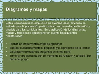 Diagramas y mapas

Estas técnicas pueden emplearse en diversas fases, sirviendo de
entrada para la planeación participativa o como medio de discusión y
análisis para los participantes. En la aplicación de los diagramas,
mapas y modelos se deben tener en cuenta las siguientes
orientaciones:

•   Probar los instrumentos antes de aplicarlos
•   Explicar cuidadosamente el propósito y el significado de la técnica
•   Visualizar y formular las preguntas en forma clara
•   Terminar los ejercicios con un momento de reflexión y análisis por
    parte del grupo
 