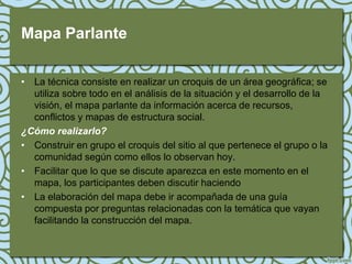 Mapa Parlante

• La técnica consiste en realizar un croquis de un área geográfica; se
  utiliza sobre todo en el análisis de la situación y el desarrollo de la
  visión, el mapa parlante da información acerca de recursos,
  conflictos y mapas de estructura social.
¿Cómo realizarlo?
• Construir en grupo el croquis del sitio al que pertenece el grupo o la
  comunidad según como ellos lo observan hoy.
• Facilitar que lo que se discute aparezca en este momento en el
  mapa, los participantes deben discutir haciendo
• La elaboración del mapa debe ir acompañada de una guía
  compuesta por preguntas relacionadas con la temática que vayan
  facilitando la construcción del mapa.
 