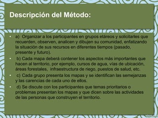 Descripción del Método:

• a) Organizar a los participantes en grupos etáreos y solicitarles que
  recuerden, observen, analicen y dibujen su comunidad, enfatizando
  la situación de sus recursos en diferentes tiempos (pasado,
  presente y futuro).
• b) Cada mapa deberá contener los aspectos más importantes que
  hacen al territorio, por ejemplo, cursos de agua, vías de ubicación,
  áreas forestales, infraestructura de riego, puestos de salud, etc.
• c) Cada grupo presenta los mapas y se identifican las semejanzas
  y las carencias de cada uno de ellos.
• d) Se discute con los participantes que temas prioritarios o
  problemas presentan los mapas y que dicen sobre las actividades
  de las personas que construyen el territorio.
 