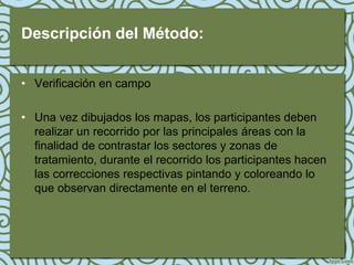 Descripción del Método:


• Verificación en campo

• Una vez dibujados los mapas, los participantes deben
  realizar un recorrido por las principales áreas con la
  finalidad de contrastar los sectores y zonas de
  tratamiento, durante el recorrido los participantes hacen
  las correcciones respectivas pintando y coloreando lo
  que observan directamente en el terreno.
 