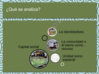 ¿Qué se analiza?




                      La identidad(es)

                       La comunidad o
     Capital social    el barrio como
                       recurso

                        Unidad socio
                        espacial
 