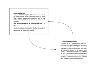 Autorrealización
Jung fue optimista respecto del hombre y su futuro. El
vio al futuro como bueno. Es bueno porque es mejor
que el pasado y todas las indicaciones son de que
continuara mejorando tal y como lo ha hecho en el
pretérito.
Los componentes de la autorrealización *El
yo
El mundo interno del individuo, El yo atiende a los
procesos conscientes del pensar, percibir e identificar
sensaciones del mundo en el que vive.
La psicoterapia Jungiana
La terapia es un “procedimiento dialéctico”,
un dialogo entre doctor y paciente, consciente
e inconsciente. Aunque puede ser usado el
diván para facilitar procedimientos tales como
la imaginación activa, en su mayor parte
analista y el paciente se sienta uno enfrente
del otro. El analista jungiano también ve a los
pacientes con mucha menos frecuencia que el
freudiano. La frecuencia de las visitas depende
de la etapa que ha alcanzado el paciente.
 