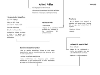 Alfred Adler
-Psicología (personal) individual
-Fenómenos intrapsiquicos (dentro de la Psique)
-Relaciones Interpsiquicas (interpersonales)
•Antecedentes biográficos
-Segundo de 6 hijos
-Nació en 1870 Viena
-Una infancia difícil e infeliz
-Sufrió de Raquitismo
-Estudio medicina en Viena
-En 1902 fue invitado por Freud
a unirse a un grupo para
discusiones semanales sobre
psicoanálisis.
•Estilo de Vida
-Interés Social
-Impulso en la naturaleza
humana para adaptarse a
las condiciones del
ambiente social.
Finalismo
Es el objetivo que persigue el
individuo es el factor crucial y llamó a
éste concepto de orientación hacia el
objetivo.
-Finalismos Ficticios
-Utilidad
Lucha por la Superioridad
-Ansia de Poder
-Deseo de ser competente y
efectivo en cualquier cosa que
cada individuo luche por hacer.
-Parecido a la Autorrealización.
Sentimiento de Inferioridad
-Hay un periodo prolongado durante el cual somos
dependientes casi por completo de otras personas para
nuestra supervivencia.
-Reflejan un hecho de la existencia
-Estos sentimientos son incapaces pero también
individuales, ya que proporcionan la fuerza motivadora
principal que conduce a la maduración.
Sesión 6Sesión 6
 