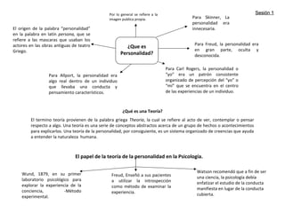 ¿Que es
Personalidad?
Por lo general se refiere a la
imagen publica propia.
El origen de la palabra “personalidad”
en la palabra en latín persona, que se
refiere a las mascaras que usaban los
actores en las obras antiguas de teatro
Griego.
Para Allport, la personalidad era
algo real dentro de un individuo
que llevaba una conducta y
pensamiento característicos.
Para Carl Rogers, la personalidad o
“yo” era un patrón consistente
organizado de percepción del “yo” o
“mi” que se encuentra en el centro
de las experiencias de un individuo.
Para Skinner, La
personalidad era
innecesaria.
Para Freud, la personalidad era
en gran parte, oculta y
desconocida.
¿Qué es una Teoría?
El termino teoría provienen de la palabra griega Theoria, la cual se refiere al acto de ver, contemplar o pensar
respecto a algo. Una teoría es una serie de conceptos abstractos acerca de un grupo de hechos o acontecimientos
para explicarlos. Una teoría de la personalidad, por consiguiente, es un sistema organizado de creencias que ayuda
a entender la naturaleza humana.
El papel de la teoría de la personalidad en la Psicología.
Wund, 1879, en su primer
laboratorio psicológico para
explorar la experiencia de la
conciencia, -Método
experimental.
Freud, Enseñó a sus pacientes
a utilizar la introspección
como método de examinar la
experiencia.
Watson recomendó que a fin de ser
una ciencia, la psicología debía
enfatizar el estudio de la conducta
manifiesta en lugar de la conducta
cubierta.
Sesión 1Sesión 1
 