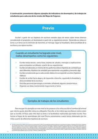 A continuación, presentamos algunos ejemplos de indicadores de desempeño y de trabajos de
estudiantes para cada uno de los niveles del Mapa de Progreso.

Previo
Escribe9 a partir de sus hipótesis de escritura variados tipos de textos sobre temas diversos
considerando el propósito y el destinatario a partir de su experiencia previa. Desarrolla sus ideas en
torno a un tema con la intención de transmitir un mensaje. Sigue la linealidad y direccionalidad de la
escritura y usa signos escritos.

Cuando un estudiante ha logrado este nivel,
realiza desempeños como los siguientes:
	 Escribe textos breves, como listas, tarjetas de saludos, mensajes o explicaciones
para acompañar sus dibujos, a partir de sus experiencias.
	 Escribe considerando un mínimo de tres grafismos o letras (hipótesis de cantidad) que
sean diferentes (hipótesis de variedad) para representar una palabra y transmitir algo.
	 Escribe considerando que a cada sonido silábico le corresponde una letra (hipótesis
silábica).
	 Escribe de arriba hacia abajo y de izquierda a derecha, siguiendo la linealidad y
direccionalidad de la escritura.
	 Describe personas/personajes o animales señalando algunas características.
	 Organiza sus ideas manteniendo mayormente el tema.

Ejemplos de trabajos de los estudiantes
Para recoger los ejemplos en este nivel se les propuso a los niños escribir el nombre del animal
que más les gusta, describir cómo es y dibujarlo. Para ello, se les indicó que escribieran como creían
que se escribe. Al final, cada niño leyó su texto a la facilitadora explicando qué había escrito. Para
ilustrar el logro de los aprendizajes del nivel Previo, presentamos cuatro textos elaborados por los
niños a partir de diferentes hipótesis de escritura:

10

9 Escribir en este nivel se refiere a la escritura no convencional; es decir, los estudiantes producen textos en los que ponen en juego sus hipótesis de escritura: hipótesis
de cantidad (“hace falta un cierto número de caracteres cuando se trata de escribir algo”), hipótesis de variedad (“para poder leer cosas diferentes debe haber una
diferencia objetiva en las escrituras”), hipótesis silábica (“cada letra vale por una sílaba”), hipótesis silábico–alfabética (“descubre que la sílaba está compuesta
por varios elementos menores: a veces escribe las letras correspondientes a la sílaba y a veces continúa escribiendo una letra por sílaba”) e hipótesis alfabética
(“comprende que cada uno de los caracteres de la escritura corresponden a valores sonoros menores de la sílaba, y realiza sistemáticamente un análisis sonoro de
los fonemas de las palabras que va a escribir”) (Ferreiro y Teberosky, 2005).

 