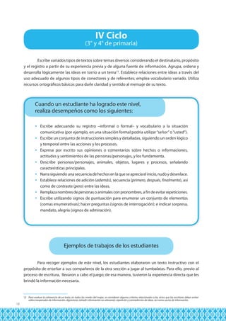 IV Ciclo

(3° y 4° de primaria)
	
Escribe variados tipos de textos sobre temas diversos considerando el destinatario, propósito
y el registro a partir de su experiencia previa y de alguna fuente de información. Agrupa, ordena y
desarrolla lógicamente las ideas en torno a un tema13. Establece relaciones entre ideas a través del
uso adecuado de algunos tipos de conectores y de referentes; emplea vocabulario variado. Utiliza
recursos ortográficos básicos para darle claridad y sentido al mensaje de su texto.

Cuando un estudiante ha logrado este nivel,
realiza desempeños como los siguientes:
 Escribe adecuando su registro –informal o formal– y vocabulario a la situación
comunicativa (por ejemplo, en una situación formal podría utilizar “señor” o “usted”).
 Escribe un conjunto de instrucciones simples y detalladas, siguiendo un orden lógico
y temporal entre las acciones y los procesos.
 Expresa por escrito sus opiniones o comentarios sobre hechos o informaciones,
actitudes y sentimientos de las personas/personajes, y los fundamenta.
 Describe personas/personajes, animales, objetos, lugares y procesos, señalando
características principales.
 Narra siguiendo una secuencia de hechos en la que se aprecia el inicio, nudo y desenlace.
 Establece relaciones de adición (además), secuencia (primero, después, finalmente), así
como de contraste (pero) entre las ideas.
 Remplaza nombres de personas o animales con pronombres, a fin de evitar repeticiones.
 Escribe utilizando signos de puntuación para enumerar un conjunto de elementos
(comas enumerativas); hacer preguntas (signos de interrogación); e indicar sorpresa,
mandato, alegría (signos de admiración).

Ejemplos de trabajos de los estudiantes
	
Para recoger ejemplos de este nivel, los estudiantes elaboraron un texto instructivo con el
propósito de enseñar a sus compañeros de la otra sección a jugar al tumbalatas. Para ello, previo al
proceso de escritura, llevaron a cabo el juego; de esa manera, tuvieron la experiencia directa que les
brindó la información necesaria.

13 Para evaluar la coherencia de un texto, en todos los niveles del mapa, se consideran algunos criterios relacionados a los vicios que los escritores deben evitar:
saltos inesperados de información, digresiones (añadir información no relevante), repetición y contradicción de ideas, así como vacíos de información.

18

 