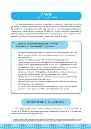V Ciclo

(5° y 6° de primaria)
Escribe variados tipos de textos sobre temas diversos considerando el destinatario, propósito
y el registro, a partir de su experiencia previa y de algunas fuentes de información complementarias.
Agrupa, ordena y desarrolla lógicamente las ideas en torno a un tema y las estructura en párrafos14.
Establece relaciones entre ideas a través del uso adecuado de algunos tipos de conectores y de
referentes; emplea vocabulario variado. Utiliza recursos ortográficos para separar expresiones, ideas
y párrafos15 con la intención de darle claridad y sentido al mensaje de su texto.

Cuando un estudiante ha logrado este nivel,
realiza desempeños como los siguientes:
 Escribe considerando las características del destinatario como, por ejemplo, qué sabe
sobre el tema, qué vínculos existen con el escritor, cuáles son sus intereses sobre el
tema, entre otras.
 Escribe ordenando sus ideas por subtemas y distribuyéndolas en párrafos.
 Expresa sus opiniones y argumenta utilizando fuentes de información complementarias.
 Elabora diversos organizadores gráficos de acuerdo con su propósito comunicativo,
como cuadros sinópticos, cuadros comparativos, mapas semánticos, entre otros, para
organizar y complementar las informaciones presentadas en sus textos.
 Escribe una noticia de interés público, estructurada en párrafos; considerando la
fecha, el lugar, las personas y los hechos; y utilizando la tercera persona.
 Establece relaciones de consecuencia (entonces), secuencia (luego, a continuación) y
contraste (aunque, sin embargo) entre las ideas.
 Remplaza palabras utilizando sinónimos y referentes (pronombres, adverbios de lugar
y de tiempo) para evitar repeticiones.
 Usa variados signos de puntuación con determinados propósitos, tales como separar
expresiones e ideas (punto y seguido) y separar párrafos (punto y aparte).

Ejemplos de trabajos de los estudiantes
Para recoger ejemplos, en este nivel los estudiantes escribieron una carta con el propósito de
recomendar su libro favorito al profesor o profesores encargados del Plan lector de su escuela, para que
el libro sea tomado en cuenta el siguiente año.

14 La habilidad “estructura en párrafos” alude a la distribución de ideas en textos, como, por ejemplo, cuentos, novelas, ensayos, descripciones, entre otros. Las demás
habilidades descritas en el mapa aluden también a la producción de  otros tipos de textos, como, por ejemplo, afiches, avisos, organizadores de información, entre otros.
15 Se refiere al uso del punto y seguido para separar expresiones e ideas, y el punto y aparte para separar párrafos.

21

 