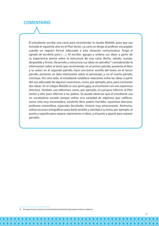 COMENTARIO

El estudiante escribe una carta para recomendar la novela Matilda, para que sea
incluida el siguiente año en el Plan lector. La carta se dirige al profesor encargado
usando un registro formal adecuado a esta situación comunicativa: Tengo el
agrado de escribirle para […]. Al escribir, agrupa y ordena sus ideas a partir de
su experiencia previa sobre la estructura de una carta (fecha, saludo, cuerpo,
despedida y firma). Desarrolla y estructura sus ideas en párrafos16 considerando la
información sobre el texto que recomienda: en el primer párrafo, presenta el libro
y su autor; en el segundo párrafo, hace una breve sumilla del texto; en el tercer
párrafo, presenta un dato interesante sobre el personaje; y, en el cuarto párrafo,
concluye. Por otro lado, el estudiante establece relaciones entre las ideas a partir
del uso adecuado de algunos conectores, como, por ejemplo, pero, para contrastar
dos ideas: En el colegio Matilda es una genio pero se encontrará con una espantosa
directora. También usa referentes como, por ejemplo, el cual para referirse al Plan
Lector y ellos para referirse a los padres. Se puede observar que el estudiante usa
un vocabulario variado porque utiliza una variedad de adjetivos que califican,
como niña muy encantadora, excelente libro, padres horribles, espantosa directora,
profesora maravillosa, especiales facultades, historia muy emocionante. Asimismo,
utiliza recursos ortográficos para darle sentido y claridad a su texto; por ejemplo, el
punto y seguido para separar expresiones e ideas, y el punto y aparte para separar
párrafos.

16

Al margen de que no sigue los convencionalismos del párrafo, logra separar el texto en subtemas.

23

 