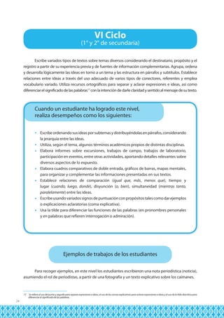 VI Ciclo

(1° y 2° de secundaria)
Escribe variados tipos de textos sobre temas diversos considerando el destinatario, propósito y el
registro a partir de su experiencia previa y de fuentes de información complementarias. Agrupa, ordena
y desarrolla lógicamente las ideas en torno a un tema y las estructura en párrafos y subtítulos. Establece
relaciones entre ideas a través del uso adecuado de varios tipos de conectores, referentes y emplea
vocabulario variado. Utiliza recursos ortográficos para separar y aclarar expresiones e ideas, así como
diferenciar el significado de las palabras17 con la intención de darle claridad y sentido al mensaje de su texto.

Cuando un estudiante ha logrado este nivel,
realiza desempeños como los siguientes:
 Escribe ordenando sus ideas por subtemas y distribuyéndolas en párrafos, considerando
la jerarquía entre las ideas.
 Utiliza, según el tema, algunos términos académicos propios de distintas disciplinas.
 Elabora informes sobre excursiones, trabajos de campo, trabajos de laboratorio,
participación en eventos, entre otras actividades, aportando detalles relevantes sobre
diversos aspectos de lo expuesto.
 Elabora cuadros comparativos de doble entrada, gráficos de barras, mapas mentales,
para organizar y complementar las informaciones presentadas en sus textos.
 Establece relaciones de comparación (igual que, más, menos que), tiempo y
lugar (cuando, luego, donde), disyunción (o, bien), simultaneidad (mientras tanto,
paralelamente) entre las ideas.
 Escribe usando variados signos de puntuación con propósitos tales como dar ejemplos
o explicaciones aclaratorias (coma explicativa).
 Usa la tilde para diferenciar las funciones de las palabras (en pronombres personales
y en palabras que refieren interrogación o admiración).

Ejemplos de trabajos de los estudiantes
Para recoger ejemplos, en este nivel los estudiantes escribieron una nota periodística (noticia),
asumiendo el rol de periodistas, a partir de una fotografía y un texto explicativo sobre los caimanes.

17

24

Se refiere al uso del punto y seguido para separar expresiones e ideas, el uso de las comas explicativas para aclarar expresiones e ideas y el uso de la tilde diacrítica para
diferenciar el significado de las palabras.

 