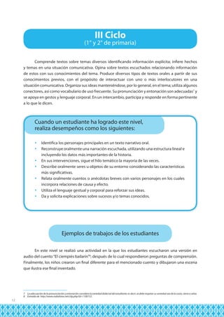 III Ciclo

(1° y 2° de primaria)
Comprende textos sobre temas diversos identificando información explícita; infiere hechos
y temas en una situación comunicativa. Opina sobre textos escuchados relacionando información
de estos con sus conocimientos del tema. Produce diversos tipos de textos orales a partir de sus
conocimientos previos, con el propósito de interactuar con uno o más interlocutores en una
situación comunicativa. Organiza sus ideas manteniéndose, por lo general, en el tema; utiliza algunos
conectores, así como vocabulario de uso frecuente. Su pronunciación y entonación son adecuadas7 y
se apoya en gestos y lenguaje corporal. En un intercambio, participa y responde en forma pertinente
a lo que le dicen.

Cuando un estudiante ha logrado este nivel,
realiza desempeños como los siguientes:
	 Identifica los personajes principales en un texto narrativo oral.
	 Reconstruye oralmente una narración escuchada, utilizando una estructura lineal e
incluyendo los datos más importantes de la historia.
	 En sus intervenciones, sigue el hilo temático la mayoría de las veces.
	 Describe oralmente seres u objetos de su entorno considerando las características
más significativas.
	 Relata oralmente cuentos o anécdotas breves con varios personajes en los cuales
incorpora relaciones de causa y efecto.
	 Utiliza el lenguaje gestual y corporal para reforzar sus ideas.
	 Da y solicita explicaciones sobre sucesos y/o temas conocidos.

Ejemplos de trabajos de los estudiantes
En este nivel se realizó una actividad en la que los estudiantes escucharon una versión en
audio del cuento “El ciempiés bailarín”8; después de lo cual respondieron preguntas de comprensión.
Finalmente, los niños crearon un final diferente para el mencionado cuento y dibujaron una escena
que ilustra ese final inventado.

7 La adecuación de la pronunciación y entonación considera la variedad dialectal del estudiante; es decir, se debe respetar su variedad sea de la costa, sierra o selva.
8 Extraído de http://www.radialistas.net/clip.php?id=1100153.

12

 