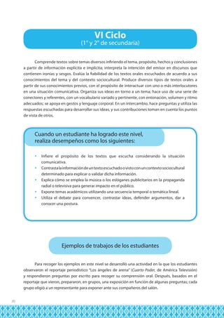 VI Ciclo

(1° y 2° de secundaria)
Comprende textos sobre temas diversos infiriendo el tema, propósito, hechos y conclusiones
a partir de información explícita e implícita; interpreta la intención del emisor en discursos que
contienen ironías y sesgos. Evalúa la fiabilidad de los textos orales escuchados de acuerdo a sus
conocimientos del tema y del contexto sociocultural. Produce diversos tipos de textos orales a
partir de sus conocimientos previos, con el propósito de interactuar con uno o más interlocutores
en una situación comunicativa. Organiza sus ideas en torno a un tema; hace uso de una serie de
conectores y referentes, con un vocabulario variado y pertinente, con entonación, volumen y ritmo
adecuados; se apoya en gestos y lenguaje corporal. En un intercambio, hace preguntas y utiliza las
respuestas escuchadas para desarrollar sus ideas, y sus contribuciones toman en cuenta los puntos
de vista de otros.

Cuando un estudiante ha logrado este nivel,
realiza desempeños como los siguientes:
	 Infiere el propósito de los textos que escucha considerando la situación
comunicativa.
	 Contrasta la información de un texto escuchado o visto con un contexto sociocultural
determinado para explicar o validar dicha información.
	 Explica cómo se emplea la música o los eslóganes publicitarios en la propaganda
radial o televisiva para generar impacto en el público.
	 Expone temas académicos utilizando una secuencia temporal o temática lineal.
	 Utiliza el debate para convencer, contrastar ideas, defender argumentos, dar a
conocer una postura.

Ejemplos de trabajos de los estudiantes
Para recoger los ejemplos en este nivel se desarrolló una actividad en la que los estudiantes
observaron el reportaje periodístico “Los ángeles de arena” (Cuarto Poder, de América Televisión)
y respondieron preguntas por escrito para recoger su comprensión oral. Después, basados en el
reportaje que vieron, prepararon, en grupos, una exposición en función de algunas preguntas; cada
grupo eligió a un representante para exponer ante sus compañeros del salón.
20

 