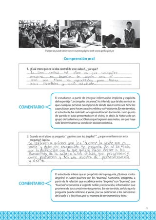 El video se puede observar en nuestra página web: www.ipeba.gob.pe

Comprensión oral

COMENTARIO

COMENTARIO

El estudiante, a partir de integrar información implícita y explícita
del reportaje “Los ángeles de arena”, ha inferido que la idea central es
que cualquier persona no importa de donde sea ni como sea tiene las
capacidades para hacer cosas increíbles y salir adelante. En ese sentido,
el estudiante ha realizado una generalización tomando como punto
de partida el caso presentado en el video, es decir, la historia de un
grupo de bailarines y acróbatas que lograron sus metas, sin que haya
sido determinante su condición socioeconómica.

El estudiante infiere que el propósito de la pregunta ¿Quiénes son los
ángeles? es saber quiénes son los “buenos”. Asimismo, interpreta, a
partir de la relación que establece entre “ángeles” con “buenos”, que
“buenos” representa a la gente noble y reconocida, información que
proviene de sus conocimientos previos. En ese sentido, señala que la
pregunta puede referirse a Vania, por su dedicación a los danzarines
de la calle o a los chicos, por su muestra de perseverancia y éxito.

21

 