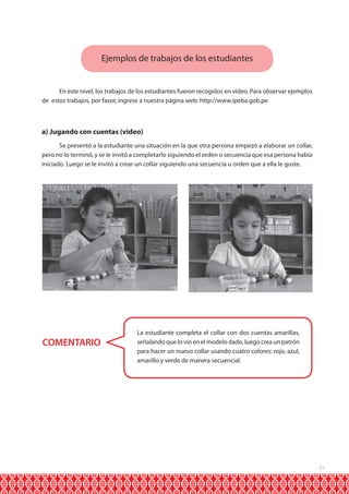 Ejemplos de trabajos de los estudiantes

En este nivel, los trabajos de los estudiantes fueron recogidos en video. Para observar ejemplos
de estos trabajos, por favor, ingrese a nuestra página web: http://www.ipeba.gob.pe

a) Jugando con cuentas (video)
Se presentó a la estudiante una situación en la que otra persona empezó a elaborar un collar,
pero no lo terminó, y se le invitó a completarlo siguiendo el orden o secuencia que esa persona había
iniciado. Luego se le invitó a crear un collar siguiendo una secuencia u orden que a ella le guste.

COMENTARIO

La estudiante completa el collar con dos cuentas amarillas,
señalando que lo vio en el modelo dado, luego crea un patrón
para hacer un nuevo collar usando cuatro colores: rojo, azul,
amarillo y verde de manera secuencial.

11

 