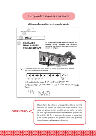 Ejemplos de trabajos de estudiantes
a) Colocando mayólicas en el comedor escolar

COMENTARIO

El estudiante descubre en una sucesión gráfica el término
desconocido a partir del orden que ocupa. Identifica que
cada seis piezas forman un ciclo que se repite y a partir
de esto logra determinar cómo es el término que está en
la posición 58. En el ejemplo, demuestra su capacidad
para realizar procesos de generalización con patrones
geométricos y explica su procedimiento.

23

 