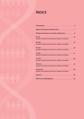 ÍNDICE

Presentación

5

Mapas de Progreso de Matemática

7

El Mapa de Progreso de Cambio y Relaciones

8

Previo

10

Ejemplos de indicadores de desempeño y trabajos de estudiantes

III Ciclo

13

Ejemplos de indicadores de desempeño y trabajos de estudiantes

IV Ciclo

16

Ejemplos de indicadores de desempeño y trabajos de estudiantes

V Ciclo

21

Ejemplos de indicadores de desempeño y trabajos de estudiantes

VI Ciclo

26

Ejemplos de indicadores de desempeño y trabajos de estudiantes

VII Ciclo

31

Ejemplos de indicadores de desempeño y trabajos de estudiantes

Destacado

36

Ejemplos de indicadores de desempeño y trabajos de estudiantes

Glosario

40

Referencias bibliográficas

42

 