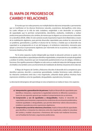 EL MAPA DE PROGRESO DE
CAMBIO Y RELACIONES
	
El mundo que nos rodea presenta una multiplicidad de relaciones temporales o permanentes
que se manifiestan en los diversos fenómenos naturales, económicos, demográficos, entre otros,
los cuales influyen en la vida de todo ciudadano, exigiéndole a este desarrollar un conjunto
de capacidades que le permitan comprenderlos, describirlos, analizarlos, modelarlos y realizar
predicciones para enfrentarse a los cambios, de manera que se aligeren sus consecuencias o redunden
en su beneficio (OCDE, 2006). En este contexto resulta importante el aporte de la Matemática a través
de la modelización algebraica, pues permite desarrollar capacidades para analizar las soluciones de
un problema, generalizarlas y justificar el alcance de las mismas; a medida que se desarrolla esta
capacidad se va progresando en el uso del lenguaje y el simbolismo matemático, necesarios para
apoyar y comunicar el pensamiento algebraico por intermedio de las ecuaciones, las variables y las
funciones (Godino y Font, 2003).
	
Por lo antes expuesto, resulta indispensable que desde la educación primaria se ayude a los
estudiantes a desarrollar su capacidad para identificar regularidades, comprender el concepto de igualdad
y analizar el cambio, situaciones que van incorporando paulatinamente el uso de códigos, símbolos y
funciones. Esto significa presentar el Álgebra no solo como un medio de traducción del lenguaje natural
al simbólico sino también como una herramienta de modelación de distintas situaciones de la vida real.
	
El Mapa de Progreso de Cambio y Relaciones describe el desarrollo de la competencia para
identificar patrones, describir y caracterizar generalidades, modelar fenómenos reales referidos a
las relaciones cambiantes entre dos o más magnitudes, utilizando desde gráficos intuitivos hasta
expresiones simbólicas como las igualdades, desigualdades, equivalencias y funciones.
La descripción del progreso del aprendizaje en esta competencia se realiza en base a tres aspectos:

a)	 Interpretación y generalización de patrones. Implica el desarrollo de capacidades para
identificar, interpretar y representar la regularidad existente en diferentes sucesiones a
través de una expresión general que modele el comportamiento de sus términos.
b)	Comprensión y uso de igualdades y desigualdades. Implica el desarrollo de
capacidades para interpretar y representar las condiciones de una situación problemática,
mediante igualdades o desigualdades, que permite determinar valores desconocidos y
establecer equivalencias entre expresiones algebraicas.
c)	 Comprensión y uso de las relaciones y funciones. Implica el desarrollo de capacidades
para identificar e interpretar las relaciones entre dos magnitudes, analizar la naturaleza
del cambio y modelar situaciones o fenómenos del mundo real mediante funciones,
con la finalidad de formular y argumentar predicciones.

8

 