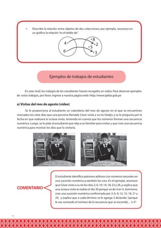 	 Describe la relación entre objetos de dos colecciones; por ejemplo, reconoce en
un gráfico la relación “es el doble de”.

4
6

8
5

2

3

Ejemplos de trabajos de estudiantes
En este nivel, los trabajos de los estudiantes fueron recogidos en video. Para observar ejemplos
de estos trabajos, por favor, ingrese a nuestra página web: http://www.ipeba.gob.pe

a) Visitas del mes de agosto (video)
Se le proporciona al estudiante un calendario del mes de agosto en el que se encuentran
marcados los siete días que una persona llamada César visita a su tía Gladys y se le pregunta por la
fecha en que realizará la octava visita, teniendo en cuenta que los números forman una secuencia
numérica. Luego, se le pide al estudiante que elija a un familiar para visitar y que cree una secuencia
numérica para mostrar los días que lo visitaría.

COMENTARIO

14

El estudiante identifica patrones aditivos con números naturales en
una sucesión numérica y también las crea. En el ejemplo, reconoce
que César visita a su tía los días 2; 6; 10; 14; 18; 22 y 26, y explica que
una octava visita la realiza el día 30 porque va de 4 en 4. Asimismo,
crea una sucesión numérica conformada por 3; 6; 9; 12; 15; 18; 21 y
24, y explica que a cada término se le agrega 3 diciendo: “porque
le vas sumando el número de la secuencia que se esconde[…]+3”.

 