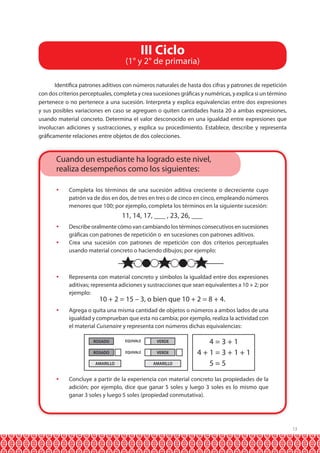13 
III Ciclo 
(1° y 2° de primaria) 
Identifica patrones aditivos con números naturales de hasta dos cifras y patrones de repetición 
con dos criterios perceptuales, completa y crea sucesiones gráficas y numéricas, y explica si un término 
pertenece o no pertenece a una sucesión. Interpreta y explica equivalencias entre dos expresiones 
y sus posibles variaciones en caso se agreguen o quiten cantidades hasta 20 a ambas expresiones, 
usando material concreto. Determina el valor desconocido en una igualdad entre expresiones que 
involucran adiciones y sustracciones, y explica su procedimiento. Establece, describe y representa 
gráficamente relaciones entre objetos de dos colecciones. 
Cuando un estudiante ha logrado este nivel, 
realiza desempeños como los siguientes: 
 Completa los términos de una sucesión aditiva creciente o decreciente cuyo 
patrón va de dos en dos, de tres en tres o de cinco en cinco, empleando números 
menores que 100; por ejemplo, completa los términos en la siguiente sucesión: 
11, 14, 17, ___ , 23, 26, ___ 
 Describe oralmente cómo van cambiando los términos consecutivos en sucesiones 
gráficas con patrones de repetición o en sucesiones con patrones aditivos. 
 Crea una sucesión con patrones de repetición con dos criterios perceptuales 
usando material concreto o haciendo dibujos; por ejemplo: 
 Representa con material concreto y símbolos la igualdad entre dos expresiones 
aditivas; representa adiciones y sustracciones que sean equivalentes a 10 + 2; por 
ejemplo: 
10 + 2 = 15 – 3, o bien que 10 + 2 = 8 + 4. 
 Agrega o quita una misma cantidad de objetos o números a ambos lados de una 
igualdad y comprueban que esta no cambia; por ejemplo, realiza la actividad con 
el material Cuisenaire y representa con números dichas equivalencias: 
ROSADO 
ROSADO 
EQUIVALE 
EQUIVALE 
VERDE 
VERDE 
AMARILLO AMARILLO 
4 = 3 + 1 
4 + 1 = 3 + 1 + 1 
5 = 5 
 Concluye a partir de la experiencia con material concreto las propiedades de la 
adición; por ejemplo, dice que ganar 5 soles y luego 3 soles es lo mismo que 
ganar 3 soles y luego 5 soles (propiedad conmutativa). 
 