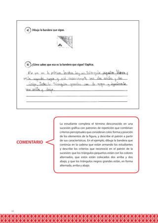 18 
COMENTARIO 
La estudiante completa el término desconocido en una 
sucesión gráfica con patrones de repetición que combinan 
criterios perceptuales que consideran color, forma y posición 
de los elementos de la figura, y describe el patrón a partir 
de sus características. En el ejemplo, dibuja la bandera que 
continúa en la cadena que están armando los estudiantes 
y describe los criterios que reconoció en el patrón de la 
sucesión: que los triángulos pequeños están con los colores 
alternados, que estos están colocados dos arriba y dos 
abajo, y que los triángulos negros grandes están, en forma 
alternada, arriba y abajo. 
 