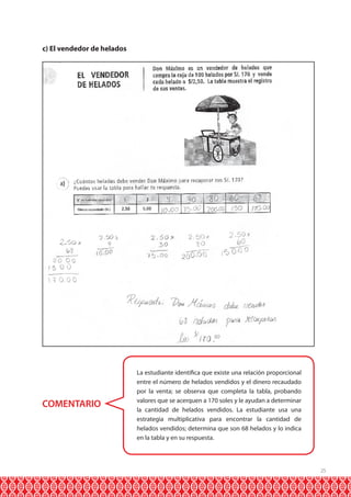 25 
c) El vendedor de helados 
COMENTARIO 
La estudiante identifica que existe una relación proporcional 
entre el número de helados vendidos y el dinero recaudado 
por la venta; se observa que completa la tabla, probando 
valores que se acerquen a 170 soles y le ayudan a determinar 
la cantidad de helados vendidos. La estudiante usa una 
estrategia multiplicativa para encontrar la cantidad de 
helados vendidos; determina que son 68 helados y lo indica 
en la tabla y en su respuesta. 
 