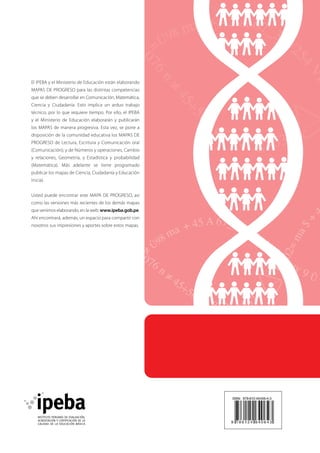 El IPEBA y el Ministerio de Educación están elaborando 
MAPAS DE PROGRESO para las distintas competencias 
que se deben desarrollar en Comunicación, Matemática, 
Ciencia y Ciudadanía. Esto implica un arduo trabajo 
técnico, por lo que requiere tiempo. Por ello, el IPEBA 
y el Ministerio de Educación elaborarán y publicarán 
los MAPAS de manera progresiva. Esta vez, se pone a 
disposición de la comunidad educativa los MAPAS DE 
PROGRESO de Lectura, Escritura y Comunicación oral 
(Comunicación); y de Números y operaciones, Cambio 
y relaciones, Geometría, y Estadística y probabilidad 
(Matemática). Más adelante se tiene programado 
publicar los mapas de Ciencia, Ciudadanía y Educación 
Inicial. 
Usted puede encontrar este MAPA DE PROGRESO, así 
como las versiones más recientes de los demás mapas 
que venimos elaborando, en la web: www.ipeba.gob.pe. 
Ahí encontrará, además, un espacio para compartir con 
nosotros sus impresiones y aportes sobre estos mapas. 
