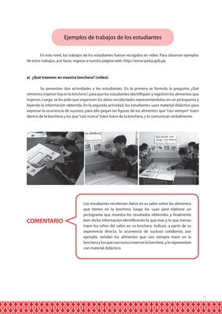 11
Ejemplos de trabajos de los estudiantes
	 En este nivel, los trabajos de los estudiantes fueron recogidos en video. Para observar ejemplos
de estos trabajos, por favor, ingrese a nuestra página web: http://www.ipeba.gob.pe
a) ¿Qué traemos en nuestra lonchera? (video)
	 Se presentan dos actividades a los estudiantes. En la primera se formula la pregunta ¿Qué
alimentos trajeron hoy en la lonchera?, para que los estudiantes identifiquen y registren los alimentos que
trajeron. Luego, se les pide que organicen los datos recolectados representándolos en un pictograma y
leyendo la información obtenida. En la segunda actividad, los estudiantes usan material didáctico para
expresar la ocurrencia de sucesos; para ello pegan las figuras de los alimentos que “casi siempre” traen
dentro de la lonchera y los que“casi nunca”traen fuera de la lonchera, y lo comunican verbalmente.
COMENTARIO
Los estudiantes recolectan datos en su salón sobre los alimentos
que tienen en la lonchera; luego los usan para elaborar un
pictograma que muestra los resultados obtenidos y finalmente
leen dicha información identificando lo que más y lo que menos
traen los niños del salón en su lonchera. Indican, a partir de su
experiencia directa, la ocurrencia de sucesos cotidianos; por
ejemplo, señalan los alimentos que casi siempre traen en la
loncheraylosquecasinuncatraenenlalonchera,ylorepresentan
con material didáctico.
 