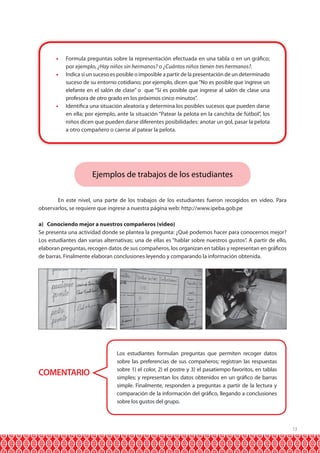 13
Ejemplos de trabajos de los estudiantes
	 En este nivel, una parte de los trabajos de los estudiantes fueron recogidos en video. Para
observarlos, se requiere que ingrese a nuestra página web: http://www.ipeba.gob.pe
a) Conociendo mejor a nuestros compañeros (video)
Se presenta una actividad donde se plantea la pregunta: ¿Qué podemos hacer para conocernos mejor?
Los estudiantes dan varias alternativas; una de ellas es “hablar sobre nuestros gustos”. A partir de ello,
elaboran preguntas, recogen datos de sus compañeros, los organizan en tablas y representan en gráficos
de barras. Finalmente elaboran conclusiones leyendo y comparando la información obtenida.
•	 Formula preguntas sobre la representación efectuada en una tabla o en un gráfico;
por ejemplo, ¿Hay niños sin hermanos? o ¿Cuántos niños tienen tres hermanos?.
•	 Indica si un suceso es posible o imposible a partir de la presentación de un determinado
suceso de su entorno cotidiano; por ejemplo, dicen que“No es posible que ingrese un
elefante en el salón de clase” o que “Sí es posible que ingrese al salón de clase una
profesora de otro grado en los próximos cinco minutos”.
•	 Identifica una situación aleatoria y determina los posibles sucesos que pueden darse
en ella; por ejemplo, ante la situación “Patear la pelota en la canchita de fútbol”, los
niños dicen que pueden darse diferentes posibilidades: anotar un gol, pasar la pelota
a otro compañero o caerse al patear la pelota.
COMENTARIO
Los estudiantes formulan preguntas que permiten recoger datos
sobre las preferencias de sus compañeros; registran las respuestas
sobre 1) el color, 2) el postre y 3) el pasatiempo favoritos, en tablas
simples; y representan los datos obtenidos en un gráfico de barras
simple. Finalmente, responden a preguntas a partir de la lectura y
comparación de la información del gráfico, llegando a conclusiones
sobre los gustos del grupo.
 
