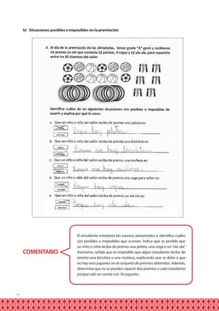14
b) Situaciones posibles o imposibles en la premiación
COMENTARIO
El estudiante interpreta los sucesos presentados e identifica cuáles
son posibles o imposibles que ocurran. Indica que es posible que
un niño o niña reciba de premio una pelota, una soga o un“ula ula”.
Asimismo, señala que es imposible que algún estudiante reciba de
premio una bicicleta o una muñeca, explicando que se debe a que
no hay esos juguetes en el conjunto de premios obtenidos. Además,
determina que no se pueden repartir dos premios a cada estudiante
porque solo se cuenta con 30 juguetes.
 
