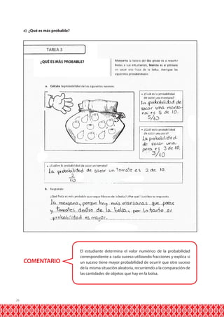 26
c) ¿Qué es más probable?
COMENTARIO
El estudiante determina el valor numérico de la probabilidad
correspondiente a cada suceso utilizando fracciones y explica si
un suceso tiene mayor probabilidad de ocurrir que otro suceso
de la misma situación aleatoria, recurriendo a la comparación de
las cantidades de objetos que hay en la bolsa.
 