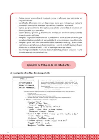 28
•	 Explica cuándo una medida de tendencia central es adecuada para representar un
conjunto de datos.
•	 Identifica las diferencias entre un diagrama de barras y un histograma, y explica la
pertinencia de su uso de acuerdo al tipo de datos que se va a representar.
•	 Explica qué procedimiento debe aplicar para calcular una medida de tendencia en
datos agrupados o no agrupados.
•	 Elabora tablas y gráficos, y determina las medidas de tendencia central usando
herramientas tecnológicas.
•	 Interpreta las propiedades básicas de la probabilidad en situaciones aleatorias; por
ejemplo, señala las propiedades de la probabilidad de un evento seguro, imposible o nulo.
•	 Interpreta que el valor de la probabilidad de un suceso esta entre 0 y 1. El estudiante
reconoce, por ejemplo, que, si el valor se acerca a 1, es más probable que suceda; por
el contrario, si el valor se acerca a cero, es menos probable que suceda.
•	 Determina probabilidades mediante el cálculo de la frecuencia de un suceso en una
situación aleatoria (reproducible o no).
Ejemplos de trabajos de los estudiantes
a) Investigando sobre el tipo de música preferida
 