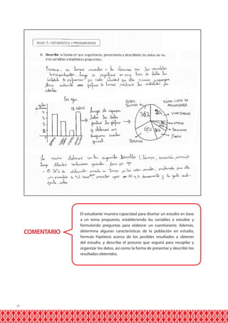 36
COMENTARIO
El estudiante muestra capacidad para diseñar un estudio en base
a un tema propuesto, estableciendo las variables a estudiar y
formulando preguntas para elaborar un cuestionario. Además,
determina algunas características de la población en estudio,
formula hipótesis acerca de los posibles resultados a obtener
del estudio, y describe el proceso que seguirá para recopilar y
organizar los datos, así como la forma de presentar y describir los
resultados obtenidos.
 