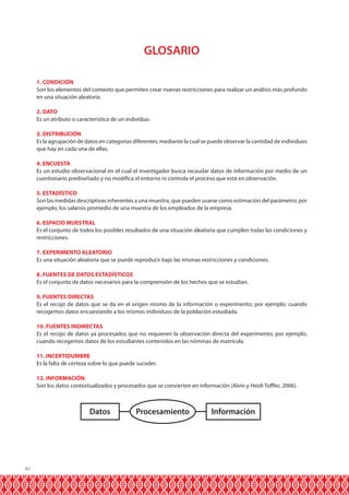 40
GLOSARIO
1. CONDICIÓN
Son los elementos del contexto que permiten crear nuevas restricciones para realizar un análisis más profundo
en una situación aleatoria.
2. DATO
Es un atributo o característica de un individuo.
3. DISTRIBUCIÓN
Es la agrupación de datos en categorías diferentes, mediante la cual se puede observar la cantidad de individuos
que hay en cada una de ellas.
4. ENCUESTA
Es un estudio observacional en el cual el investigador busca recaudar datos de información por medio de un
cuestionario prediseñado y no modifica el entorno ni controla el proceso que está en observación.
5. ESTADÍSTICO
Son las medidas descriptivas inherentes a una muestra, que pueden usarse como estimación del parámetro; por
ejemplo, los salarios promedio de una muestra de los empleados de la empresa.
6. ESPACIO MUESTRAL
Es el conjunto de todos los posibles resultados de una situación aleatoria que cumplen todas las condiciones y
restricciones.
7. EXPERIMENTO ALEATORIO
Es una situación aleatoria que se puede reproducir bajo las mismas restricciones y condiciones.
8. FUENTES DE DATOS ESTADÍSTICOS
Es el conjunto de datos necesarios para la comprensión de los hechos que se estudian.
9. FUENTES DIRECTAS
Es el recojo de datos que se da en el origen mismo de la información o experimento; por ejemplo: cuando
recogemos datos encuestando a los mismos individuos de la población estudiada.
10. FUENTES INDIRECTAS
Es el recojo de datos ya procesados que no requieren la observación directa del experimento; por ejemplo,
cuando recogemos datos de los estudiantes contenidos en las nóminas de matrícula.
11. INCERTIDUMBRE
Es la falta de certeza sobre lo que puede suceder.
12. INFORMACIÓN
Son los datos contextualizados y procesados que se convierten en información (Alvin y Heidi Toffler, 2006).
InformaciónDatos Procesamiento
 