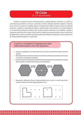 IV Ciclo

(3° y 4° de primaria)
Clasifica y representa formas bidimensionales y tridimensionales tomando en cuenta sus
características geométricas comunes y describe el criterio utilizado. Identifica ángulos en objetos
de su entorno y compara su medida respecto al ángulo recto. Mide, compara y estima la longitud,
perímetro, superficie y capacidad de objetos, seleccionando el instrumento y la unidad arbitraria
y convencional pertinente al atributo que se quiere medir, explicando sus resultados. Localiza y
representa la posición de un lugar o de un camino, y elabora croquis para indicar rutas o la ubicación
de objetos de su entorno. Identifica, describe y representa reflexiones respecto a un eje y traslaciones
de formas bidimensionales en cuadrículas.

Cuando un estudiante ha logrado este nivel,
realiza desempeños como los siguientes:
 Caracteriza polígonos haciendo referencia a tres de sus elementos: lados, vértices y
ángulos.
 Representa formas tridimensionales con material concreto; por ejemplo, arma cubos
con cañitas y limpiatipo o plastilina.
 Compone y descompone formas bidimensionales a partir de otra. Ejemplo ¿En cuántas
figuras iguales se puede descomponer este hexágono?

 Representa diferentes formas bidimensionales que tienen el mismo perímetro,
usando material concreto (sogas, geoplano, etc.).

15

 