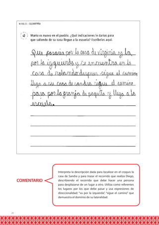 COMENTARIO

20

Interpreta la descripción dada para localizar en el croquis la
casa de Sandra y para trazar el recorrido que realiza Diego,
describiendo el recorrido que debe hacer una persona
para desplazarse de un lugar a otro. Utiliza como referentes
los lugares por los que debe pasar y usa expresiones de
direccionalidad: “va por la izquierda”, “sigue el camino” que
demuestra el dominio de su lateralidad.

 