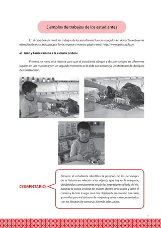 Ejemplos de trabajos de los estudiantes
	
En el caso de este nivel, los trabajos de los estudiantes fueron recogidos en video. Para observar
ejemplos de estos trabajos, por favor, ingrese a nuestra página web: http://www.ipeba.gob.pe
a) Juan y Laura camino a la escuela (video)
	
Primero, se narra una historia para que el estudiante ubique a dos personajes en diferentes
lugares en una maqueta y en un segundo momento se le pide que construya un objeto con los bloques
de construcción.

COMENTARIO

Primero, el estudiante identifica la posición de los personajes
de la historia en relación a los objetos que hay en la maqueta,
ubicándolos correctamente según las expresiones al lado del río,
fuera de la cueva, encima del puente, dentro de la cueva y entre el
camino y la casa. Luego, crea dos objetos de su entorno (un carro
y un niño) para incluirlos en la maqueta y estos son representados
con los bloques de construcción más adecuados.

11

 