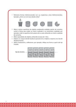 

Relaciona formas tridimensionales con sus respectivas vistas bidimensionales.
Ejemplo: ¿Cómo se ve el vaso desde arriba?

 Mide y estima superficies de objetos empleando unidades patrón de cartulina,
cartón o fichas que midan un metro cuadrado o un centímetro cuadrado; por
ejemplo, mide la superficie de la pizarra de su aula utilizando un metro cuadrado
de cartulina.
 Mide capacidades de objetos utilizando envases de 1 litro.
 Elabora un croquis donde localiza la posición de un objeto o expresa una ruta de
desplazamiento.
 Aplica traslaciones y reflexiones; por ejemplo, refleja una forma a partir del eje
trazado.

Eje de simetría

16

 