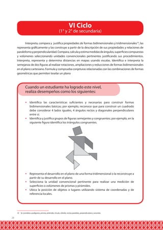 VI Ciclo

(1° y 2° de secundaria)
Interpreta, compara y justifica propiedades de formas bidimensionales y tridimensionales10, las
representa gráficamente y las construye a partir de la descripción de sus propiedades y relaciones de
paralelismo y perpendicularidad. Compara, calcula y estima medidas de ángulos, superficies compuestas
y volúmenes seleccionando unidades convencionales pertinentes justificando sus procedimientos.
Interpreta, representa y determina distancias en mapas usando escalas. Identifica e interpreta la
semejanza de dos figuras al realizar rotaciones, ampliaciones y reducciones de formas bidimensionales
en el plano cartesiano. Formula y comprueba conjeturas relacionadas con las combinaciones de formas
geométricas que permiten teselar un plano

Cuando un estudiante ha logrado este nivel,
realiza desempeños como los siguientes:
 Identifica las características suficientes y necesarias para construir formas
bidimensionales básicas; por ejemplo, reconoce que para construir un cuadrado
debe considerar 4 lados iguales, 4 ángulos rectos y diagonales perpendiculares
entre sí.
 Identifica y justifica grupos de figuras semejantes y congruentes; por ejemplo, en la
siguiente figura identifica los triángulos congruentes.

 Representa el desarrollo en el plano de una forma tridimensional o la reconstruye a
partir de su desarrollo en el plano.
 Selecciona la unidad convencional pertinente para realizar una medición de
superficies o volúmenes de prismas y pirámides.
 Ubica la posición de objetos o lugares utilizando sistema de coordenadas y de
referencia locales.

10 Se considera a polígonos, prisma, pirámide, círculo, cilindro, rectas paralelas, perpendiculares y secantes.

28

 