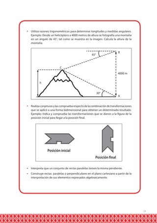 

Utiliza razones trigonométricas para determinar longitudes y medidas angulares.
Ejemplo: Desde un helicóptero a 4000 metros de altura se fotografía una montaña
en un ángulo de 45°, tal como se muestra en la imagen. Calcula la altura de la
montaña.

B

45°

C
4000 m
h
30°



A

Realiza conjeturas y las comprueba respecto de la combinación de transformaciones
que se aplicó a una forma bidimensional para obtener un determinado resultado.
Ejemplo: Indica y comprueba las transformaciones que se dieron a la figura de la
posición inicial para llegar a la posición final.

Posición inicial
Posición final


Interpreta que un conjunto de rectas paralelas tienen la misma pendiente.



Construye rectas paralelas o perpendiculares en el plano cartesiano a partir de la
interpretación de sus elementos expresados algebraicamente.

33

 