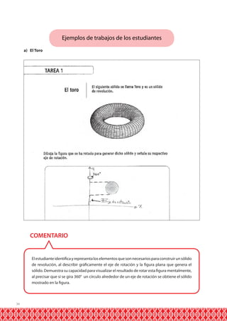 Ejemplos de trabajos de los estudiantes
a) El Toro

COMENTARIO

El estudiante identifica y representa los elementos que son necesarios para construir un sólido
de revolución, al describir gráficamente el eje de rotación y la figura plana que genera el
sólido. Demuestra su capacidad para visualizar el resultado de rotar esta figura mentalmente,
al precisar que si se gira 360° un círculo alrededor de un eje de rotación se obtiene el sólido
mostrado en la figura.

34

 