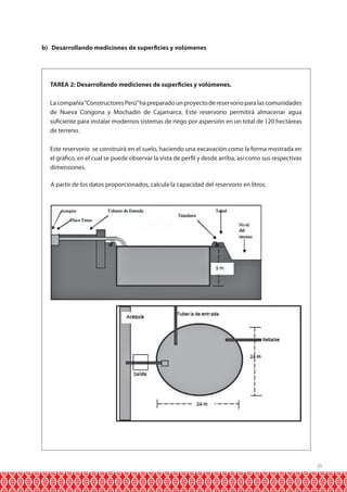 b) Desarrollando mediciones de superficies y volúmenes

TAREA 2: Desarrollando mediciones de superficies y volúmenes.
La compañía “Constructores Perú” ha preparado un proyecto de reservorio para las comunidades
de Nueva Congona y Mochadín de Cajamarca. Este reservorio permitirá almacenar agua
suficiente para instalar modernos sistemas de riego por aspersión en un total de 120 hectáreas
de terreno.
Este reservorio se construirá en el suelo, haciendo una excavación como la forma mostrada en
el gráfico, en el cual se puede observar la vista de perfil y desde arriba, así como sus respectivas
dimensiones.
A partir de los datos proporcionados, calcula la capacidad del reservorio en litros.

35

 